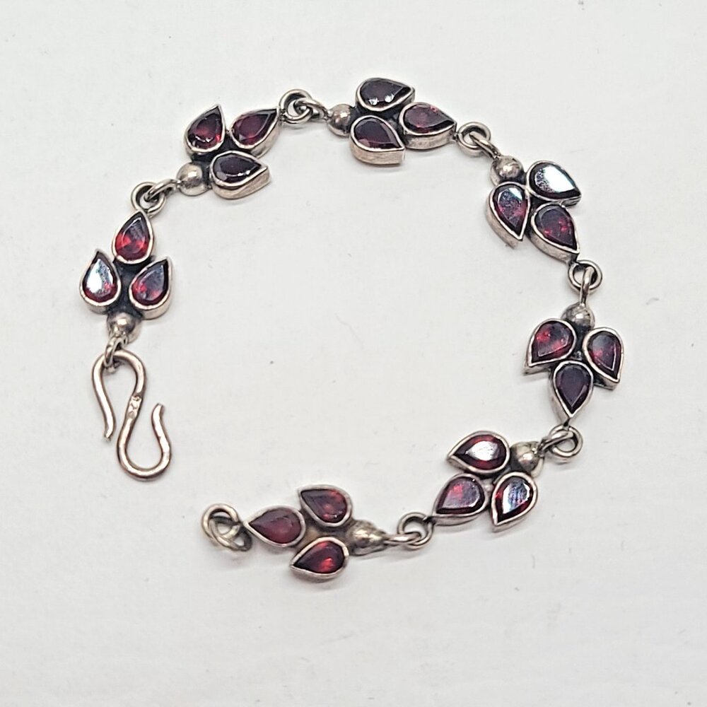 Sterling silver 925 teardrop red stone leaf motif link bracelet, 6.5, hook clasp